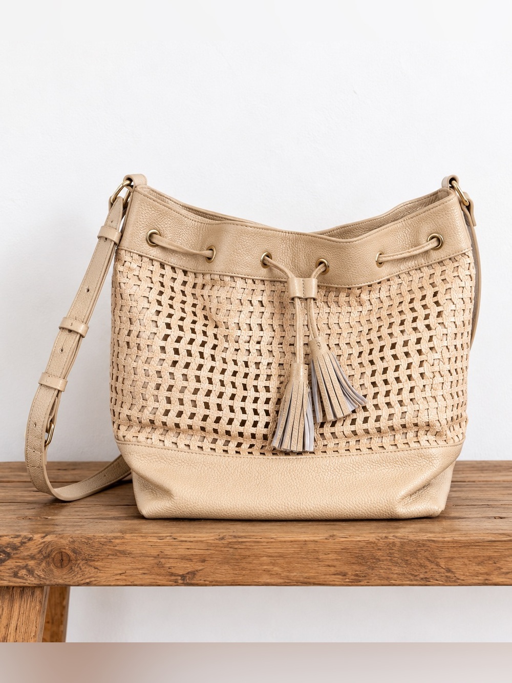 J.McLaughlin Metallic Gold Woven Leather Bucket Shoulder Bag